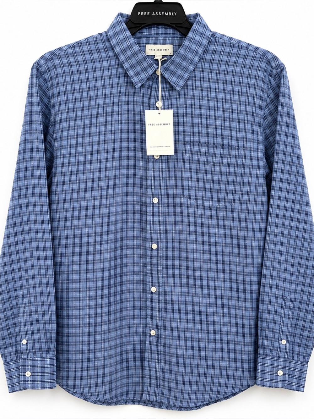 Free Assembly Men’s Linen Blend Plaid Button Down Shirt L Blue Relaxed Fit